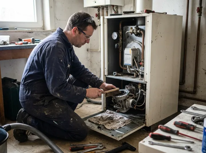 Technicus voert onderhoud uit op een geopende De Dietrich-ketel