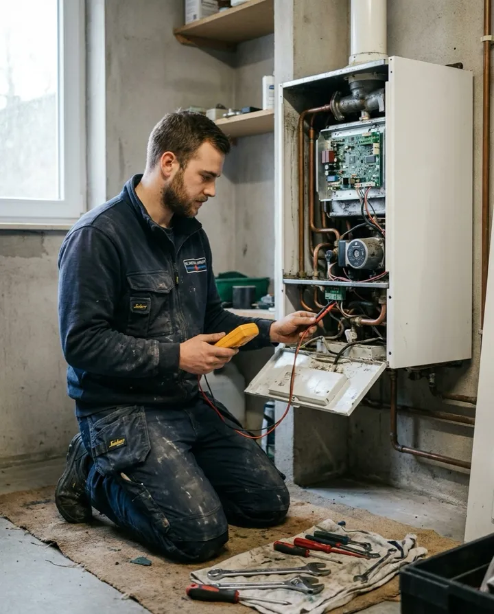 Technicus herstelt het opengewerkte binnenwerk van een De Dietrich Innovens