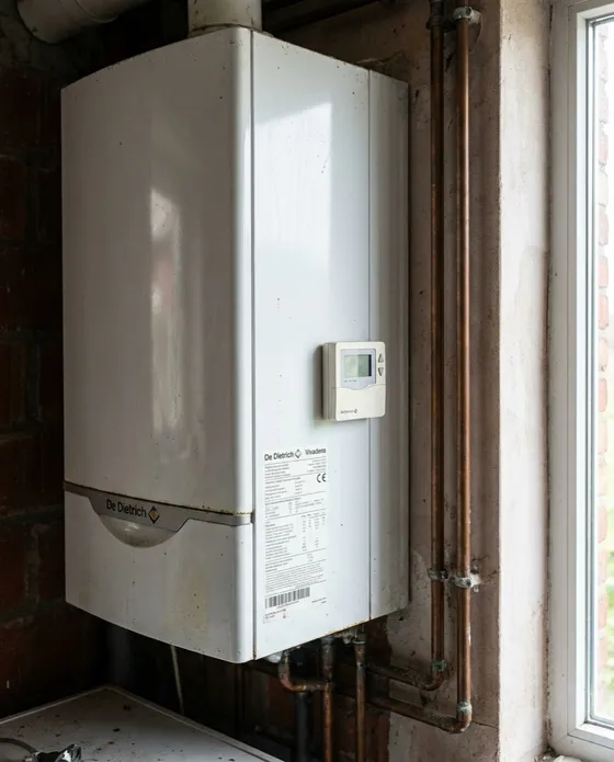 Witte De Dietrich Vivadens wandketel, netjes geplaatst met een draadloze kamerthermostaat ernaast